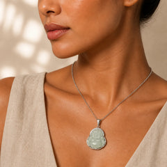 Laughing Buddha Jade Luck Calm Titanium Steel Chain Necklace Pendant featuring Laughing Buddha, Jade, Titanium Steel