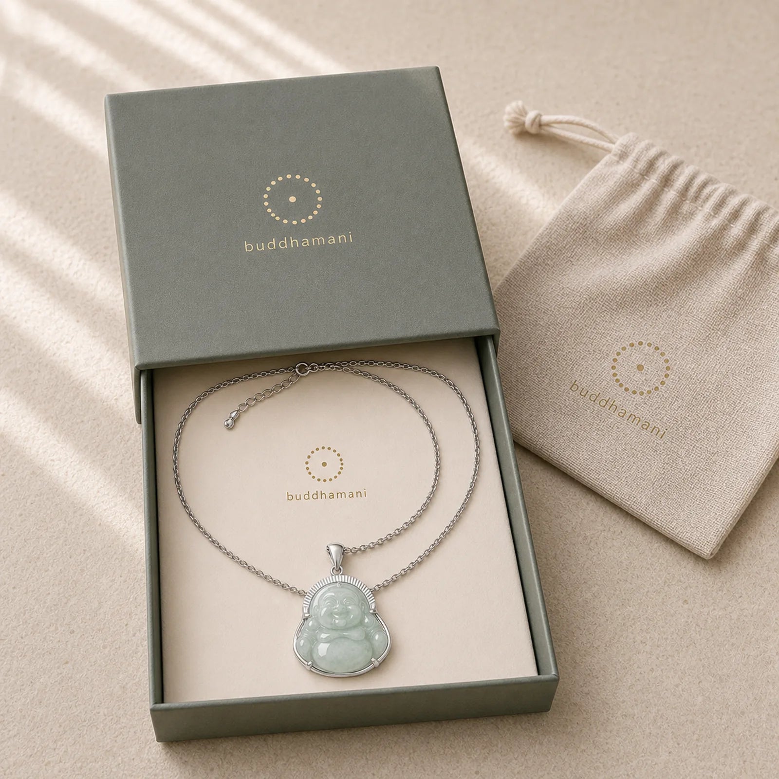 Laughing Buddha Jade Luck Calm Titanium Steel Chain Necklace Pendant featuring Laughing Buddha, Jade, Titanium Steel