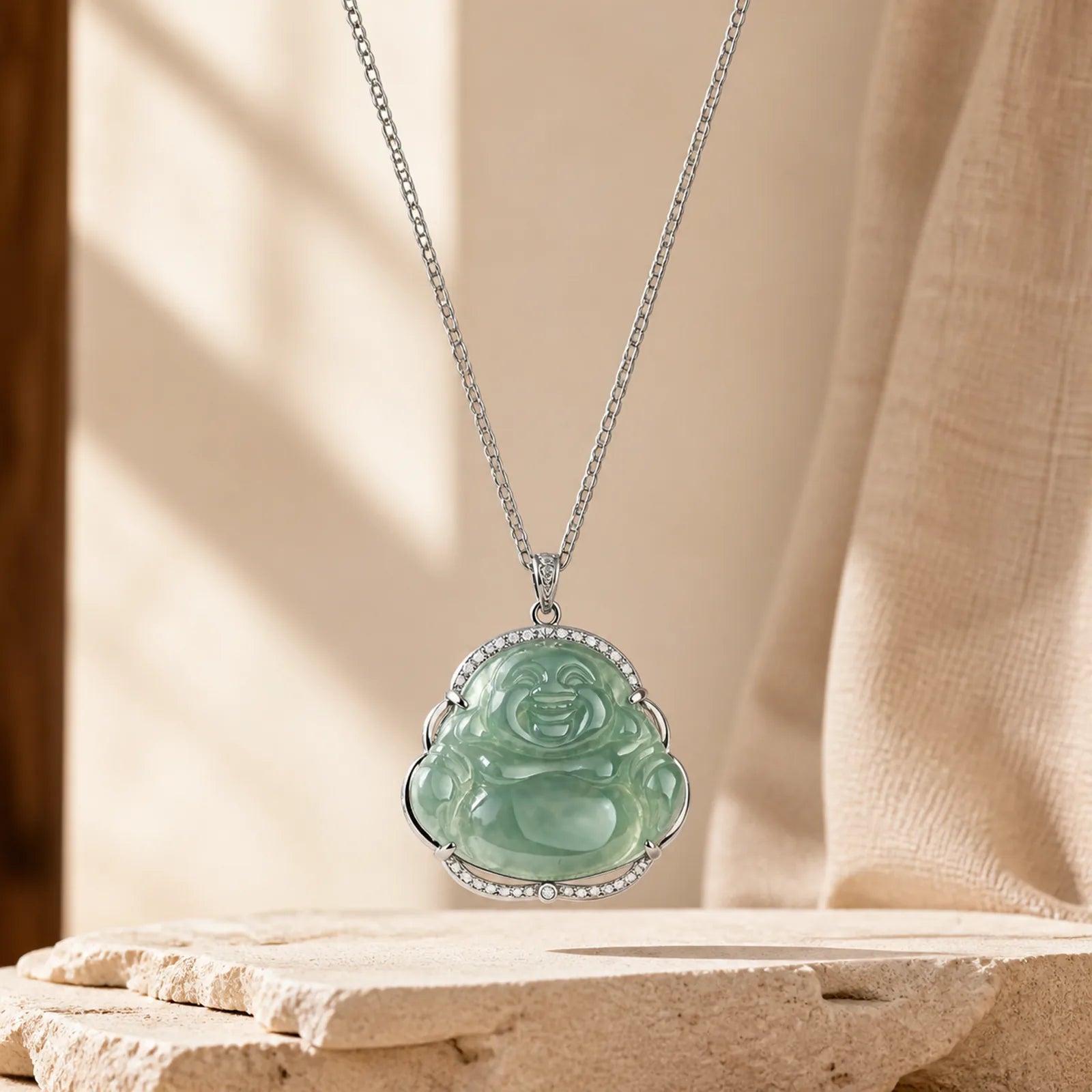 Laughing Buddha Natural Jade Luck Necklace Titanium Steel Chain Pendant featuring Laughing Buddha, Jade, Titanium Steel