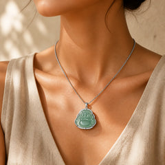 Laughing Buddha Natural Jade Luck Necklace Titanium Steel Chain Pendant featuring Laughing Buddha, Jade, Titanium Steel