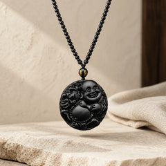 Laughing Buddha Pattern Black Obsidian Glass Fulfilment Necklace Pendant featuring Laughing Buddha, Black Obsidian