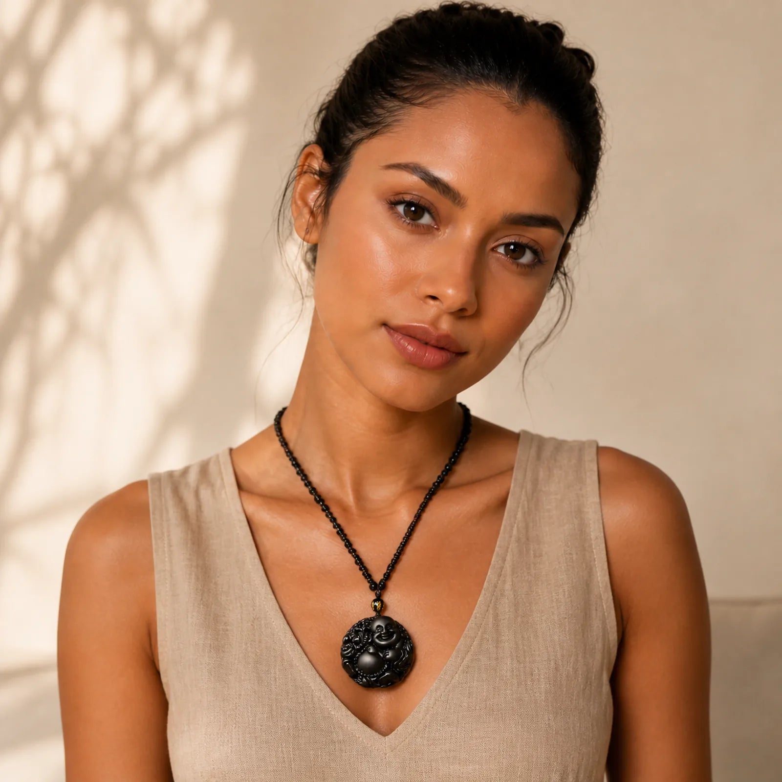 Laughing Buddha Pattern Black Obsidian Glass Fulfilment Necklace Pendant featuring Laughing Buddha, Black Obsidian