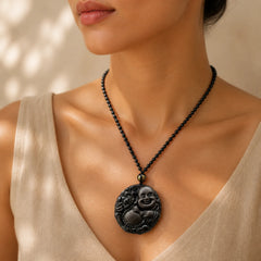 Laughing Buddha Pattern Black Obsidian Glass Fulfilment Necklace Pendant featuring Laughing Buddha, Black Obsidian
