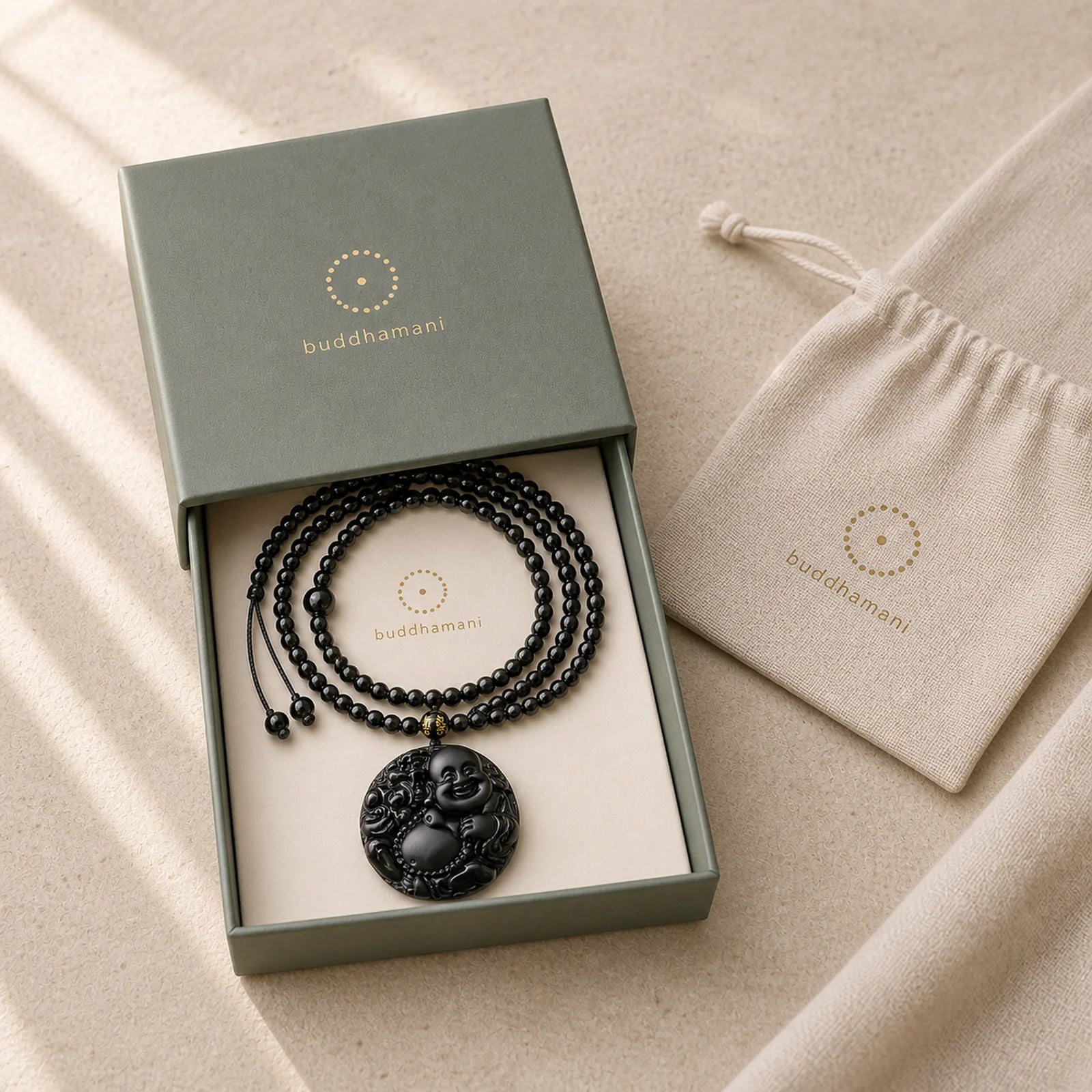 Laughing Buddha Pattern Black Obsidian Glass Fulfilment Necklace Pendant featuring Laughing Buddha, Black Obsidian