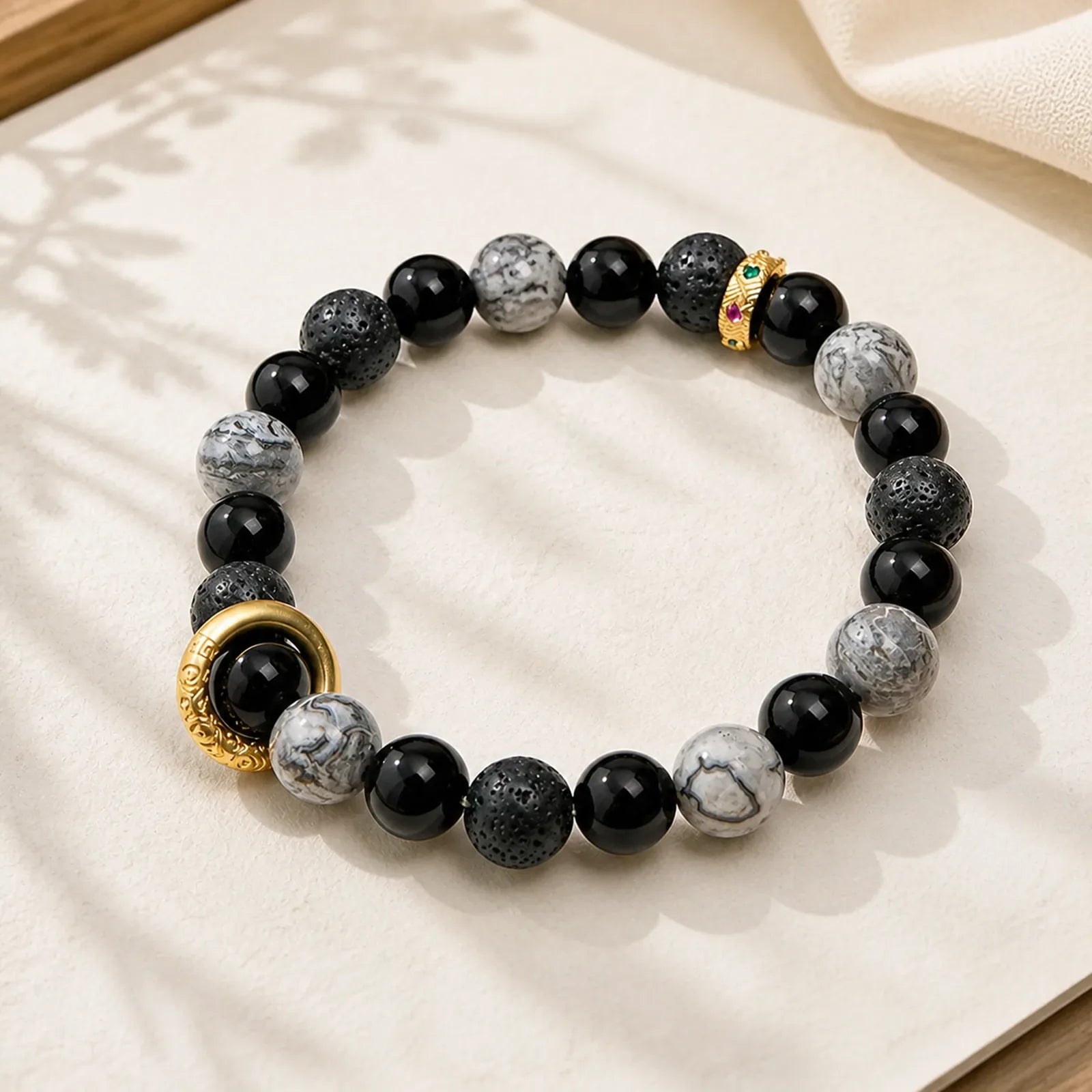 Lava Rock Black Onyx Picasso Jasper Healing Bracelet featuring Lava Rock, Black Onyx, Picasso Jasper