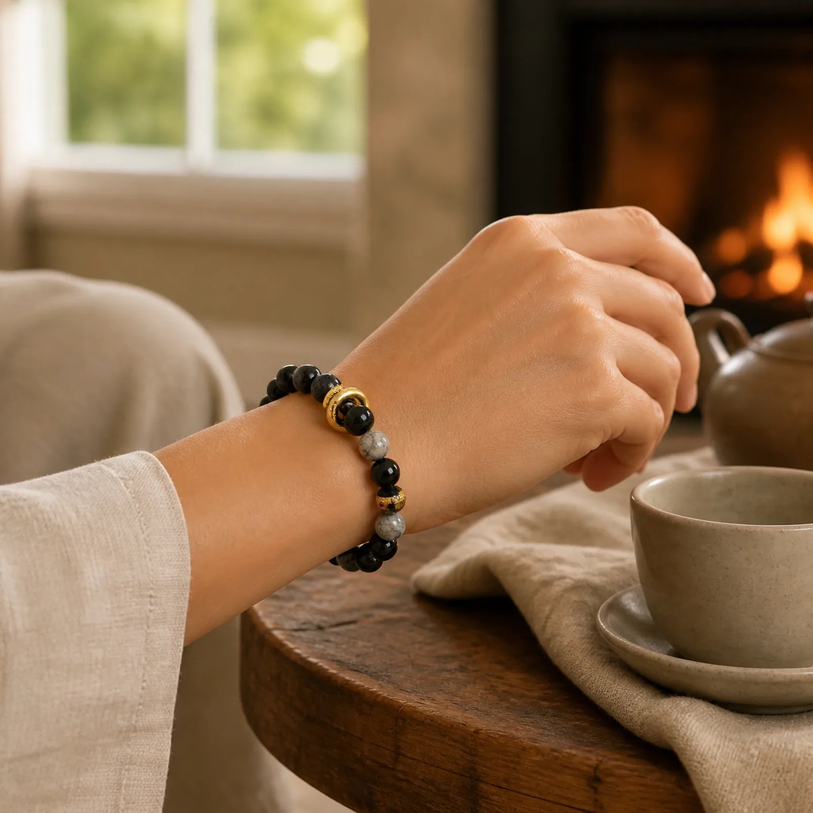 Lava Rock Black Onyx Picasso Jasper Healing Bracelet featuring Lava Rock, Black Onyx, Picasso Jasper
