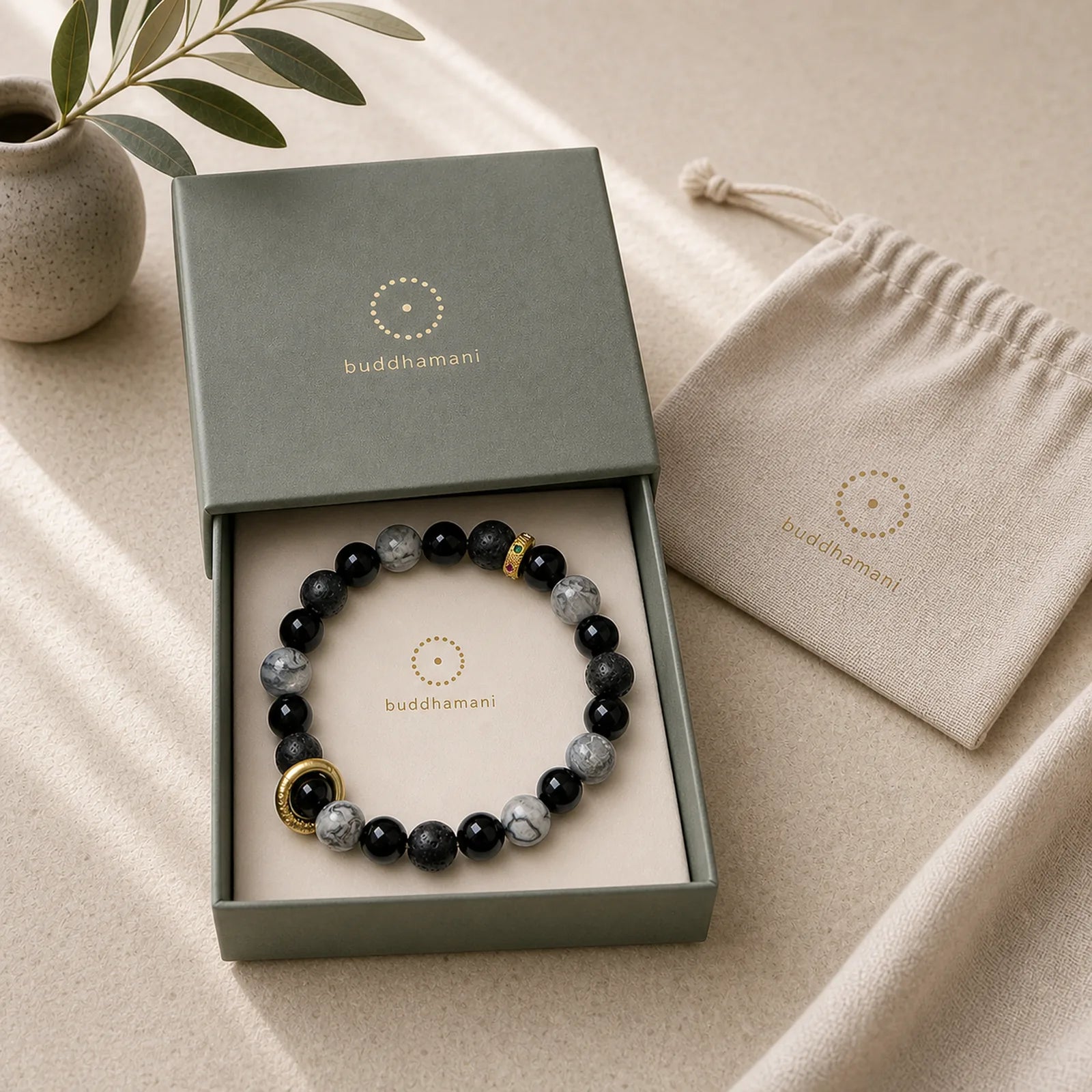 Lava Rock Black Onyx Picasso Jasper Healing Bracelet featuring Lava Rock, Black Onyx, Picasso Jasper