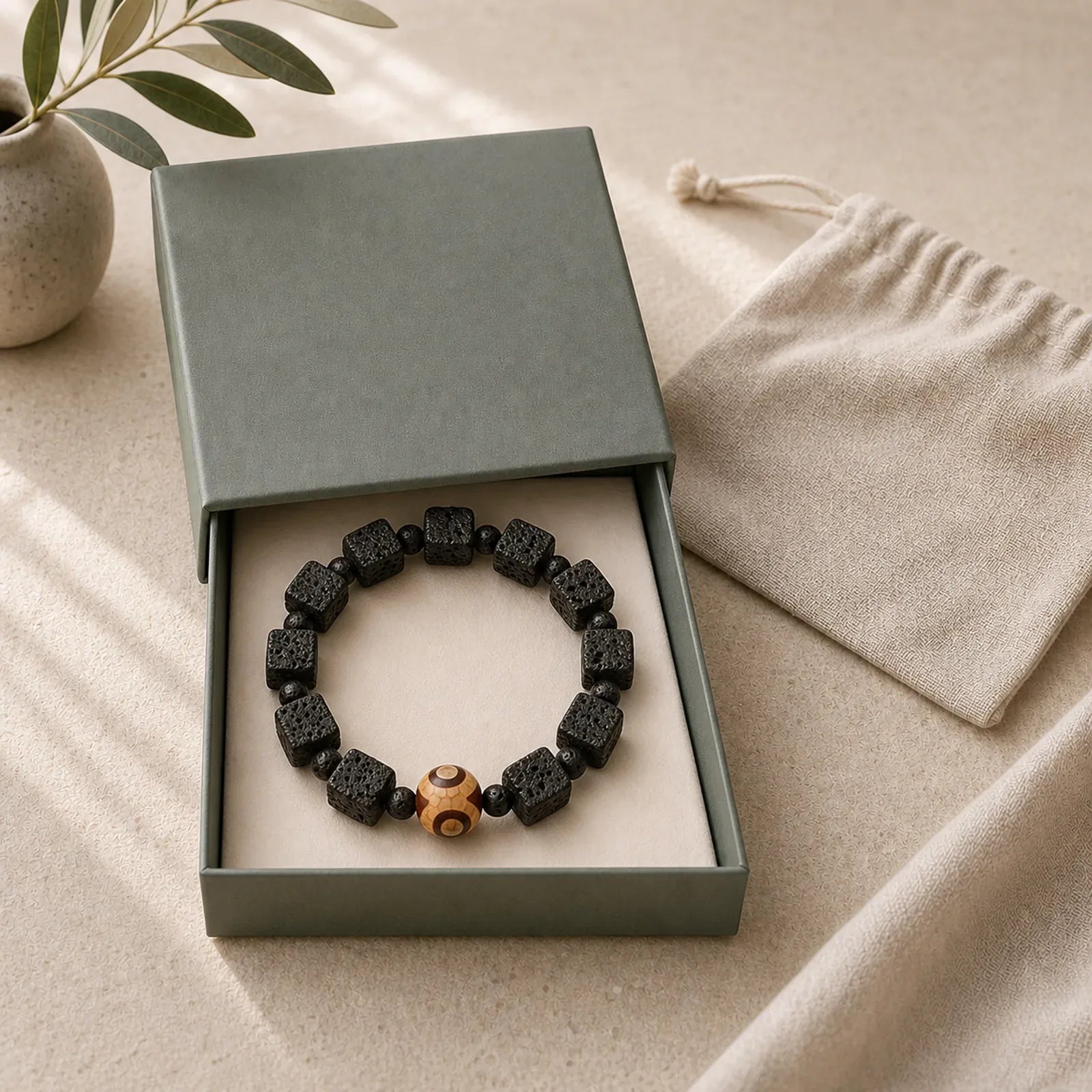 Lava Rock Dzi Bead Healing Bracelet featuring Lava Rock, Dzi Bead, Nine-Eye Dzi Bead
