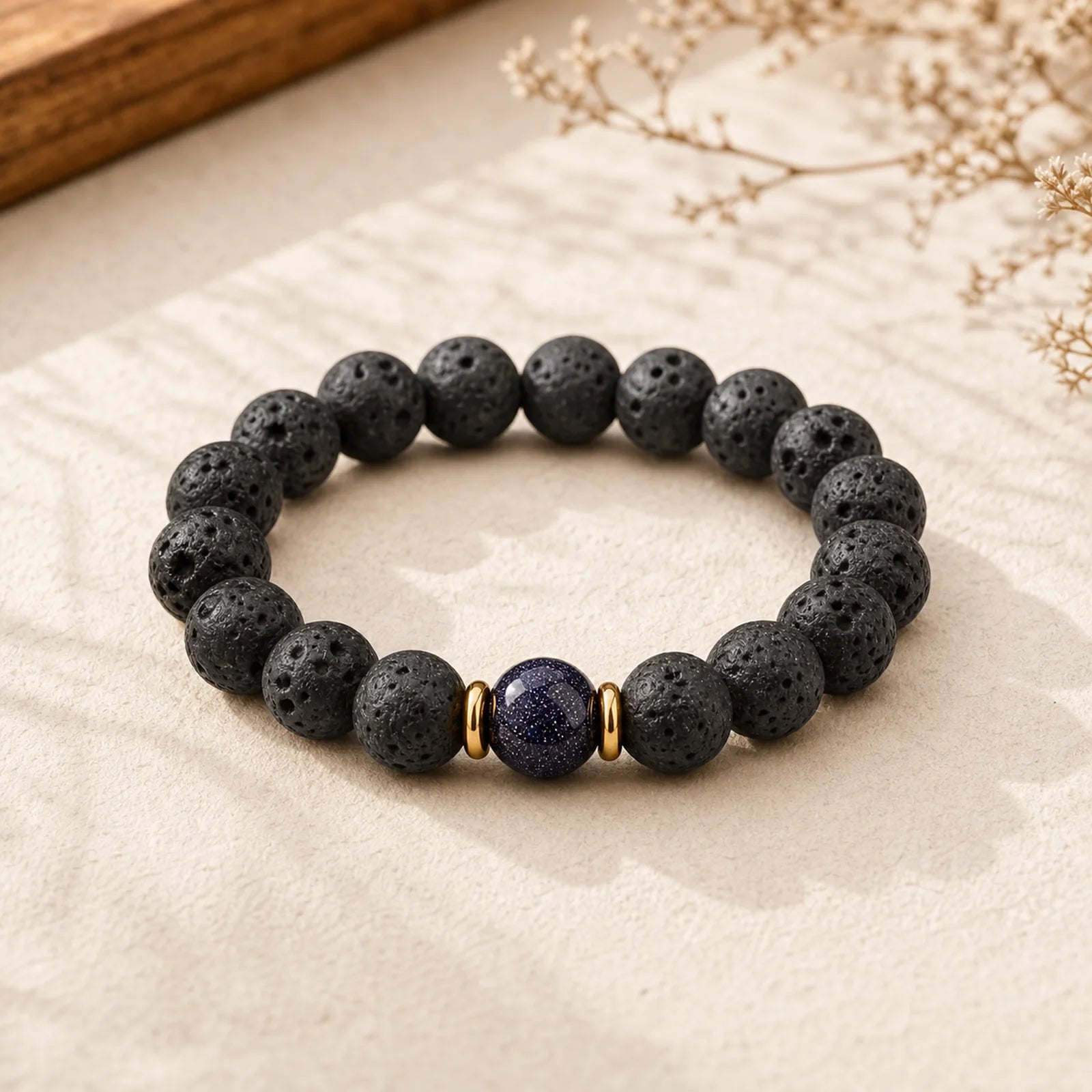 Lava Rock Goldstone Blue Sandstone Healing Bracelet featuring Lava Rock, Goldstone, Blue Sandstone