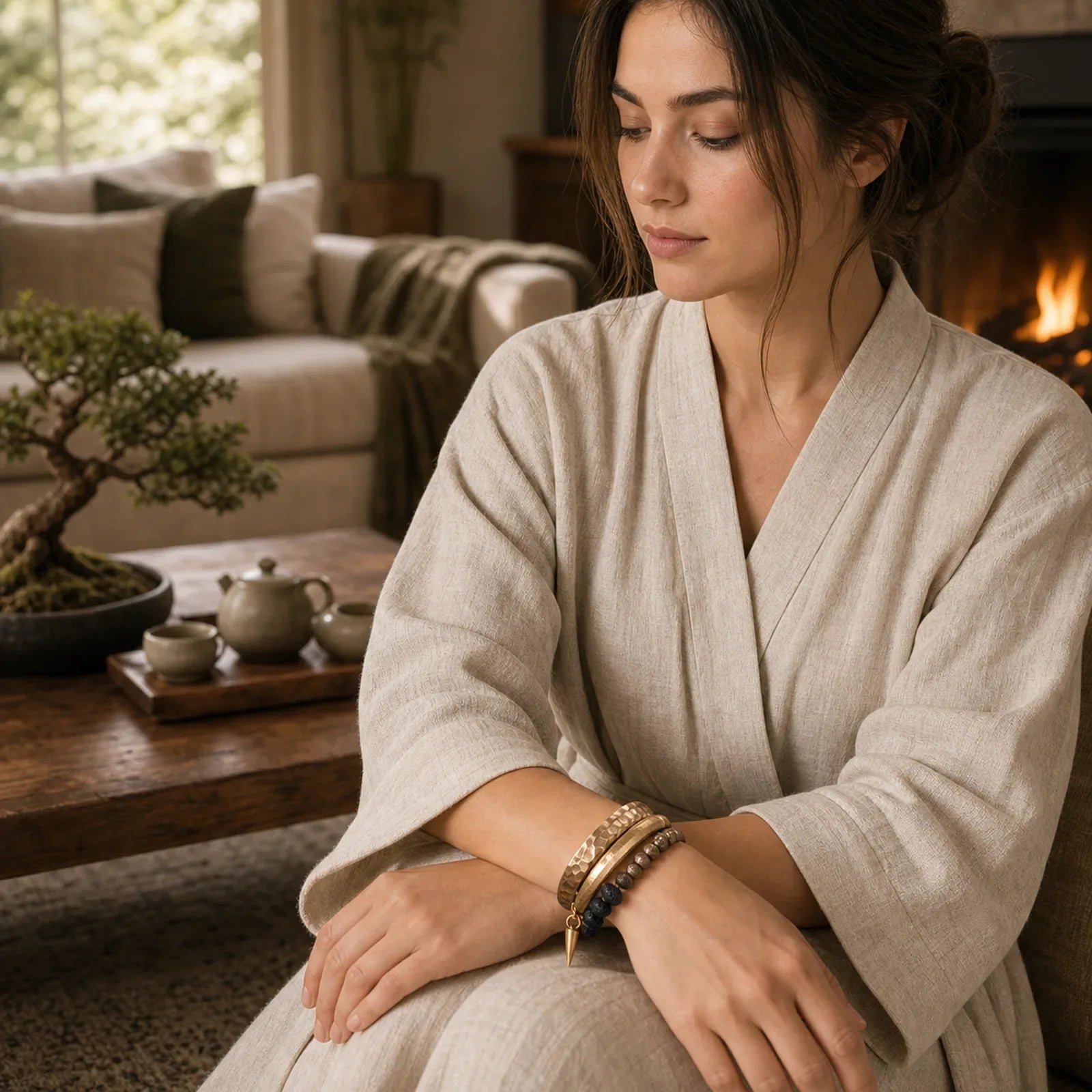 Lava Rock Stone Copper Balance Cuff Bracelet Bangle featuring Lava Rock, Copper