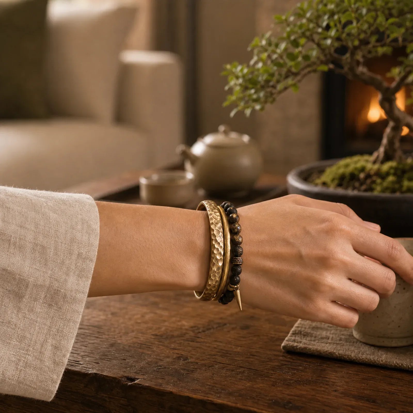 Lava Rock Stone Copper Balance Cuff Bracelet Bangle featuring Lava Rock, Copper