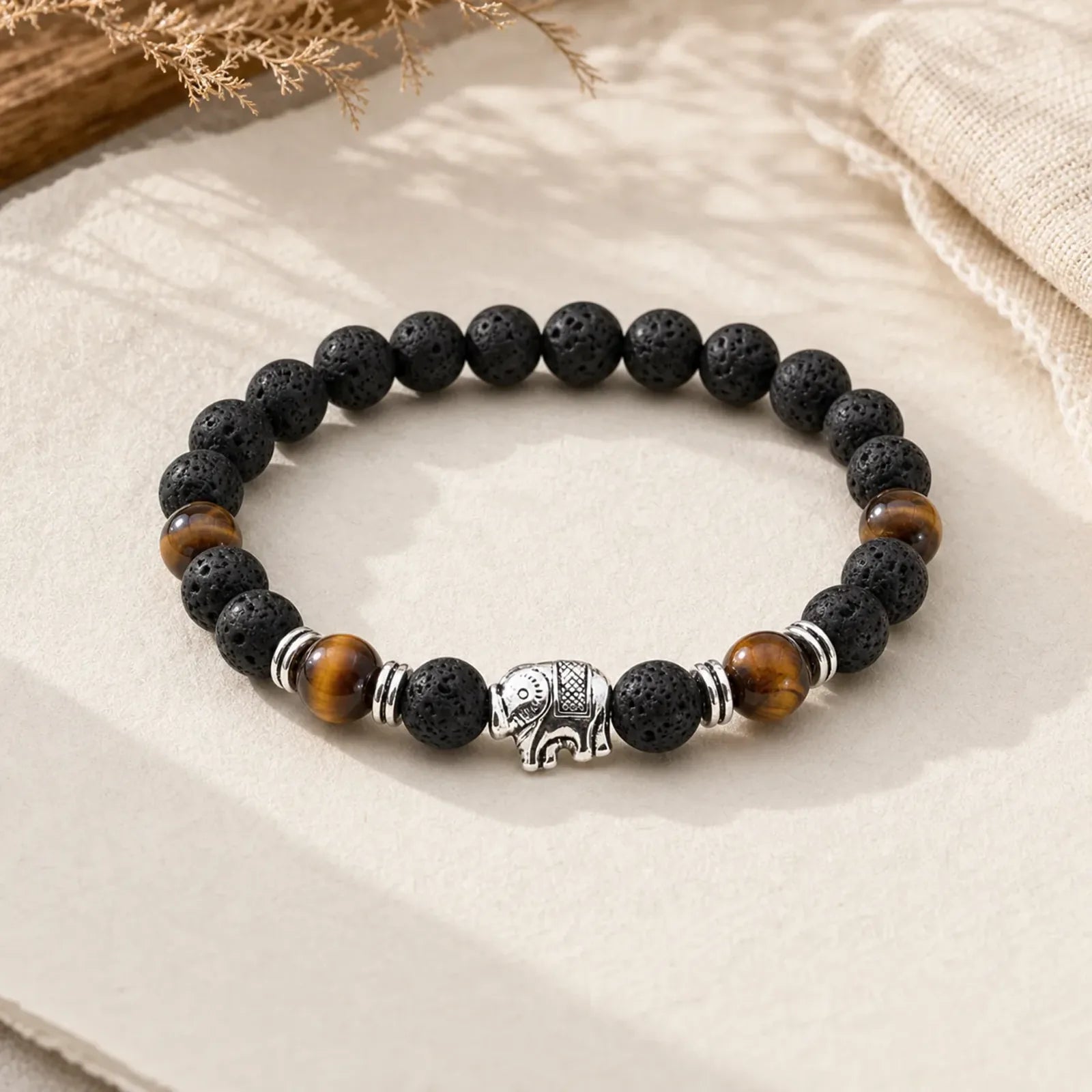 Lava Rock Tiger Eye Stone Elephant Diffuser Peace Healing Bracelet featuring Lava Rock, Tiger Eye, Elephant Symbol