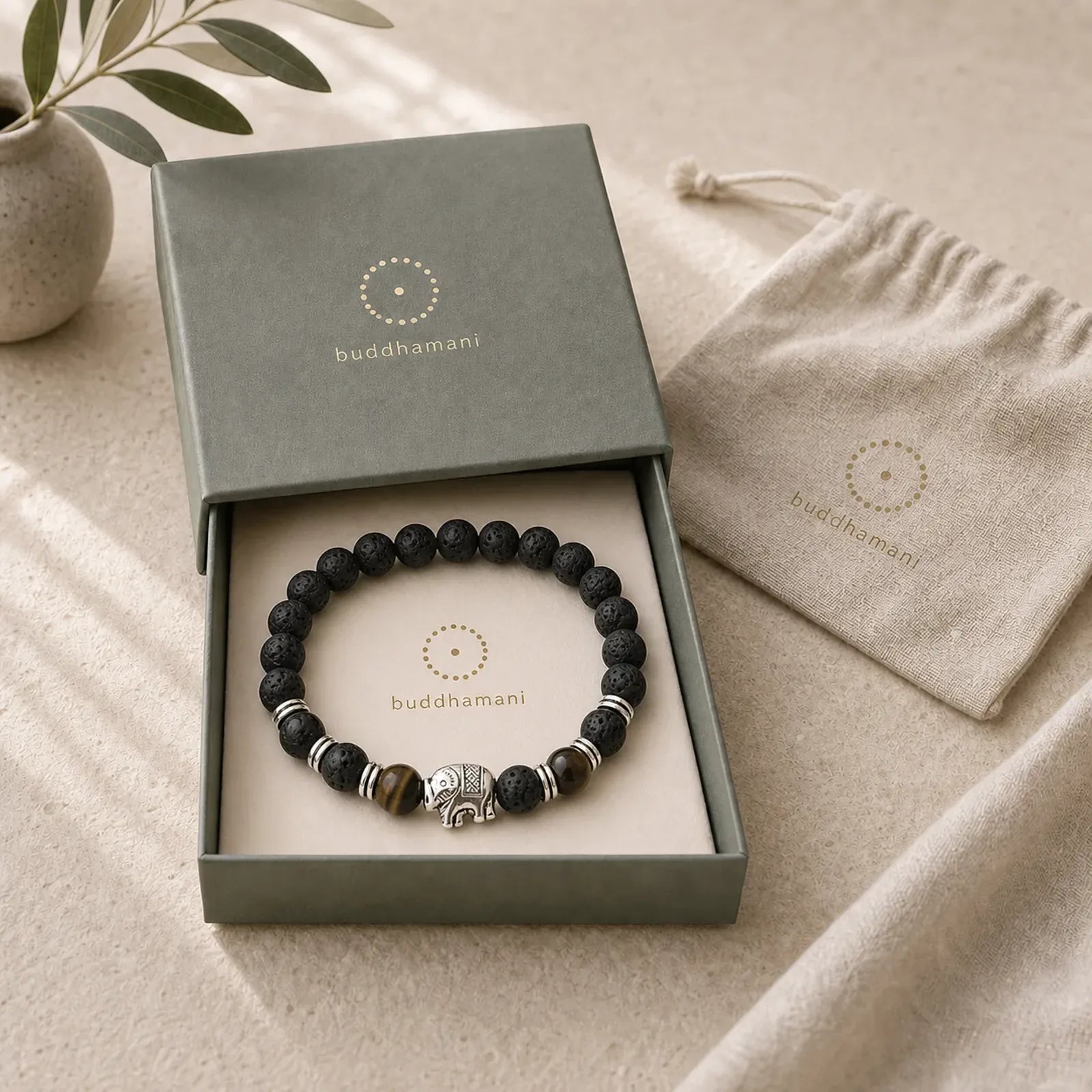 Lava Rock Tiger Eye Stone Elephant Diffuser Peace Healing Bracelet featuring Lava Rock, Tiger Eye, Elephant Symbol