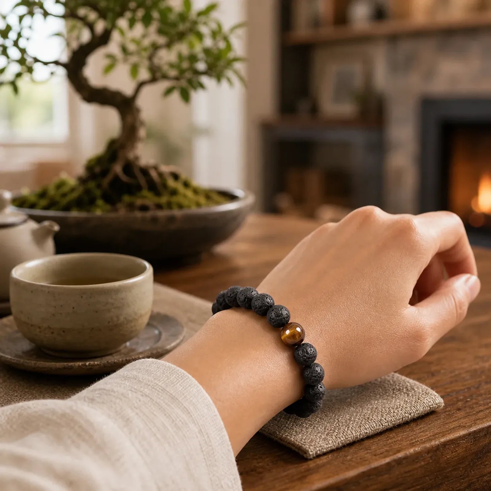 Lava Rock Tiger Eye Stone Peace Healing Bracelet featuring Lava Rock, Tiger Eye