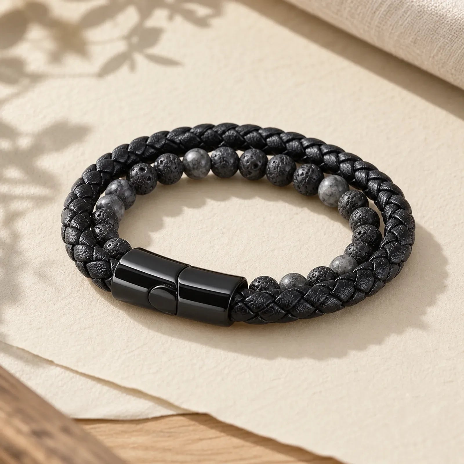 Lava Rock Titanium Steel Calm Leather Bracelet featuring Lava Rock, Titanium Steel