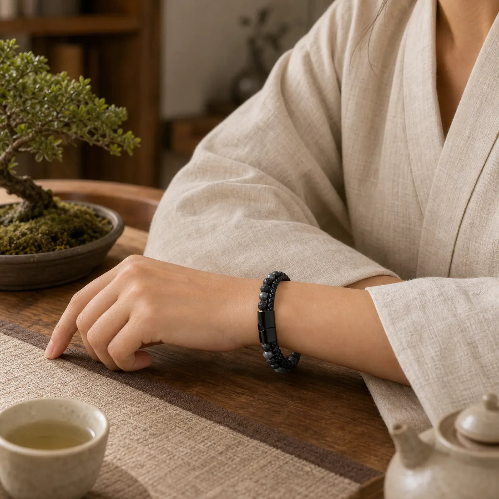 Lava Rock Titanium Steel Calm Leather Bracelet featuring Lava Rock, Titanium Steel