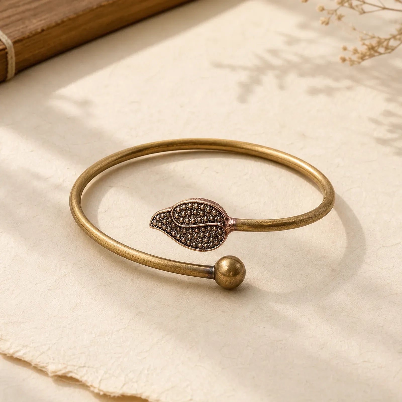 Leaf Bead Copper Brass Luck Wealth cuff Bracelet Bangle featuring Copper