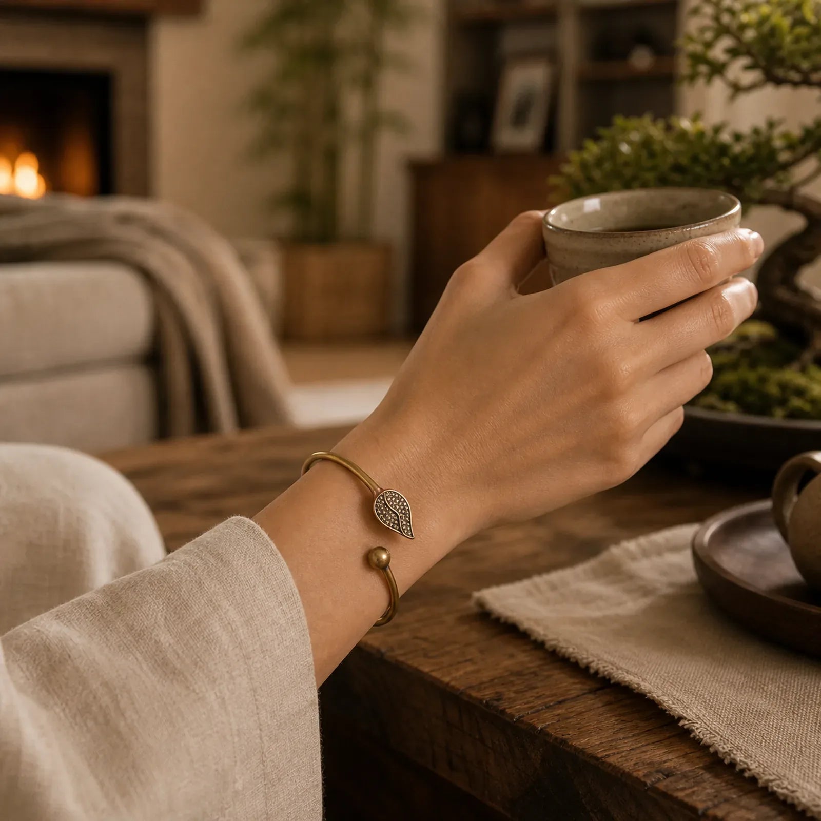 Leaf Bead Copper Brass Luck Wealth cuff Bracelet Bangle featuring Copper