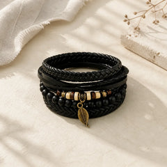 Leaf Multi-layer Twisted Leather Resin Beads Courage Bracelet Set featuring