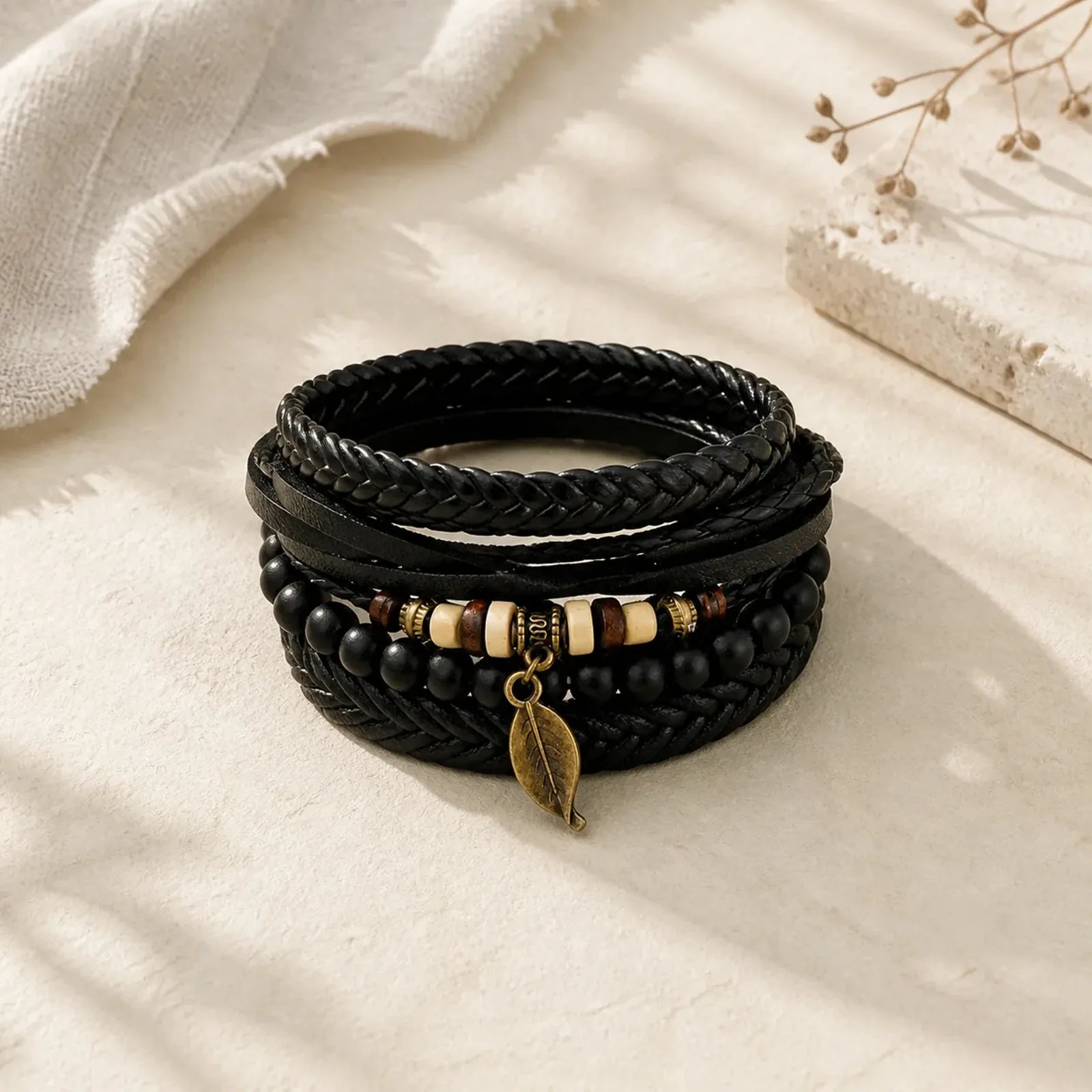 Leaf Multi-layer Twisted Leather Resin Beads Courage Bracelet Set featuring