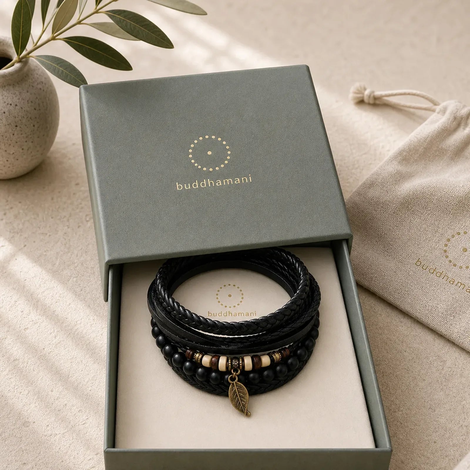 Leaf Multi-layer Twisted Leather Resin Beads Courage Bracelet Set featuring