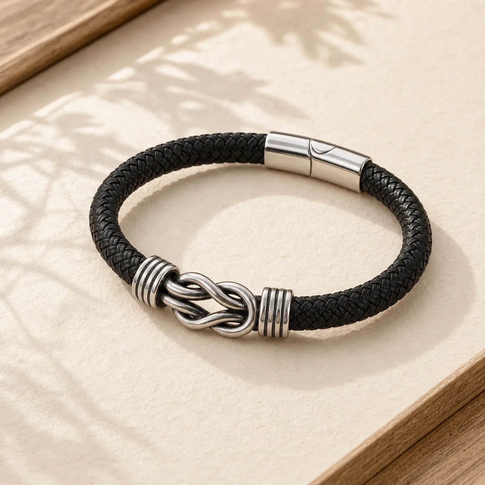 Leather Braided Infinite Knot Durability Geometric Balance Bracelet featuring Titanium Steel