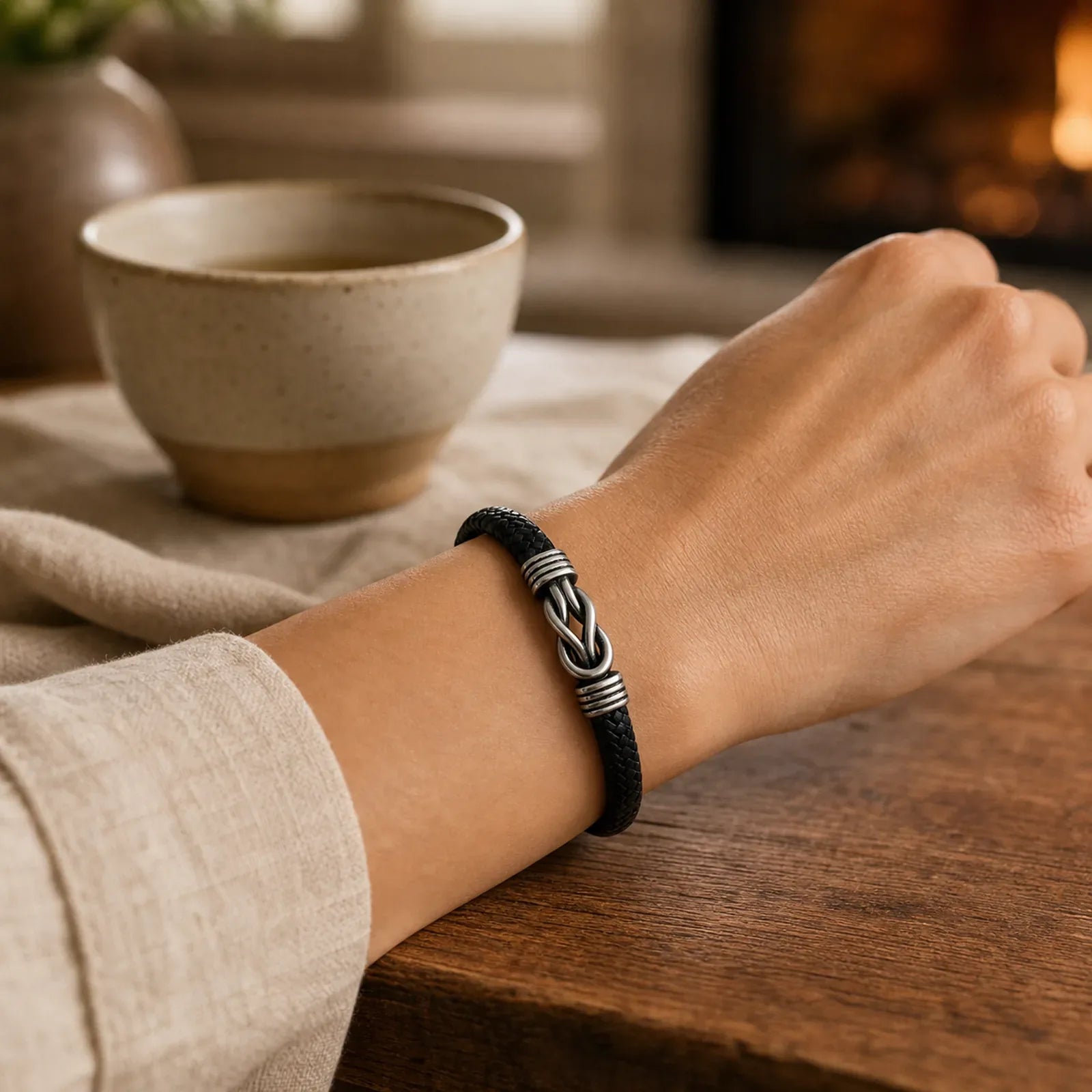 Leather Braided Infinite Knot Durability Geometric Balance Bracelet featuring Titanium Steel