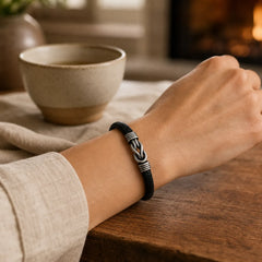 Leather Braided Infinite Knot Durability Geometric Balance Bracelet featuring Titanium Steel