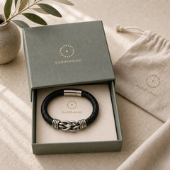 Leather Braided Infinite Knot Durability Geometric Balance Bracelet featuring Titanium Steel