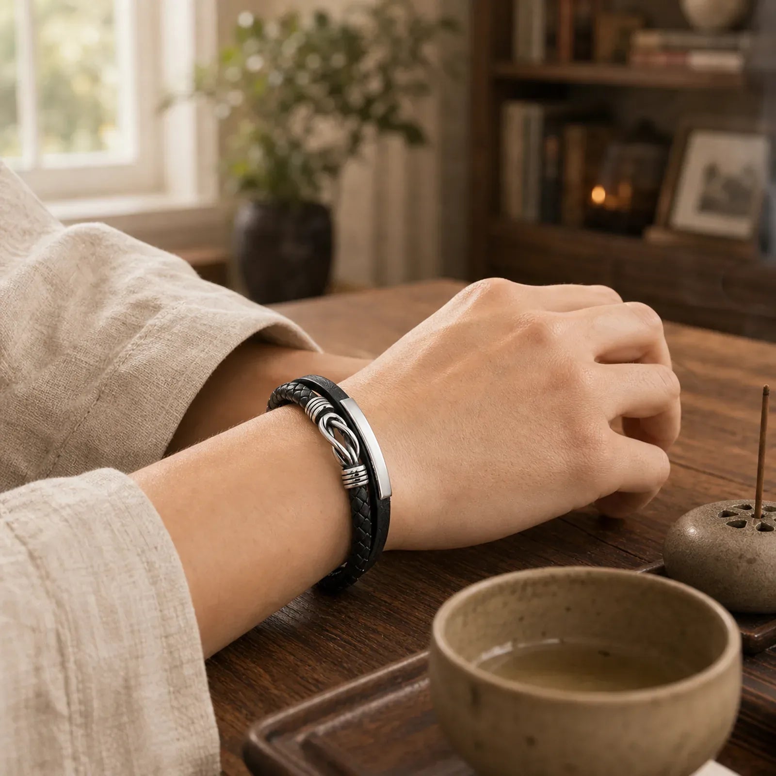 Leather Braided Protection Geometric Magnetic Clasp Bracelet featuring Titanium Steel