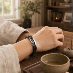 Leather Braided Protection Geometric Magnetic Clasp Bracelet featuring Titanium Steel