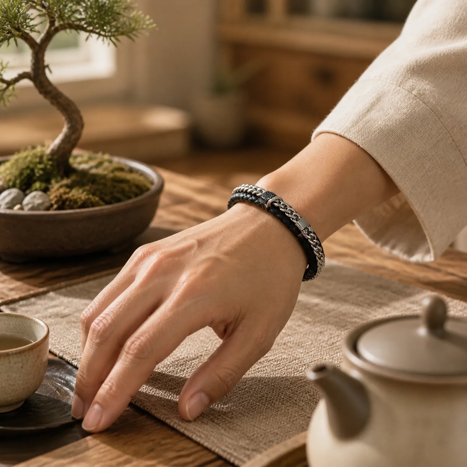 Leather Double Layer Titanium Steel Balance Magnetic Buckle Bracelet featuring Titanium Steel