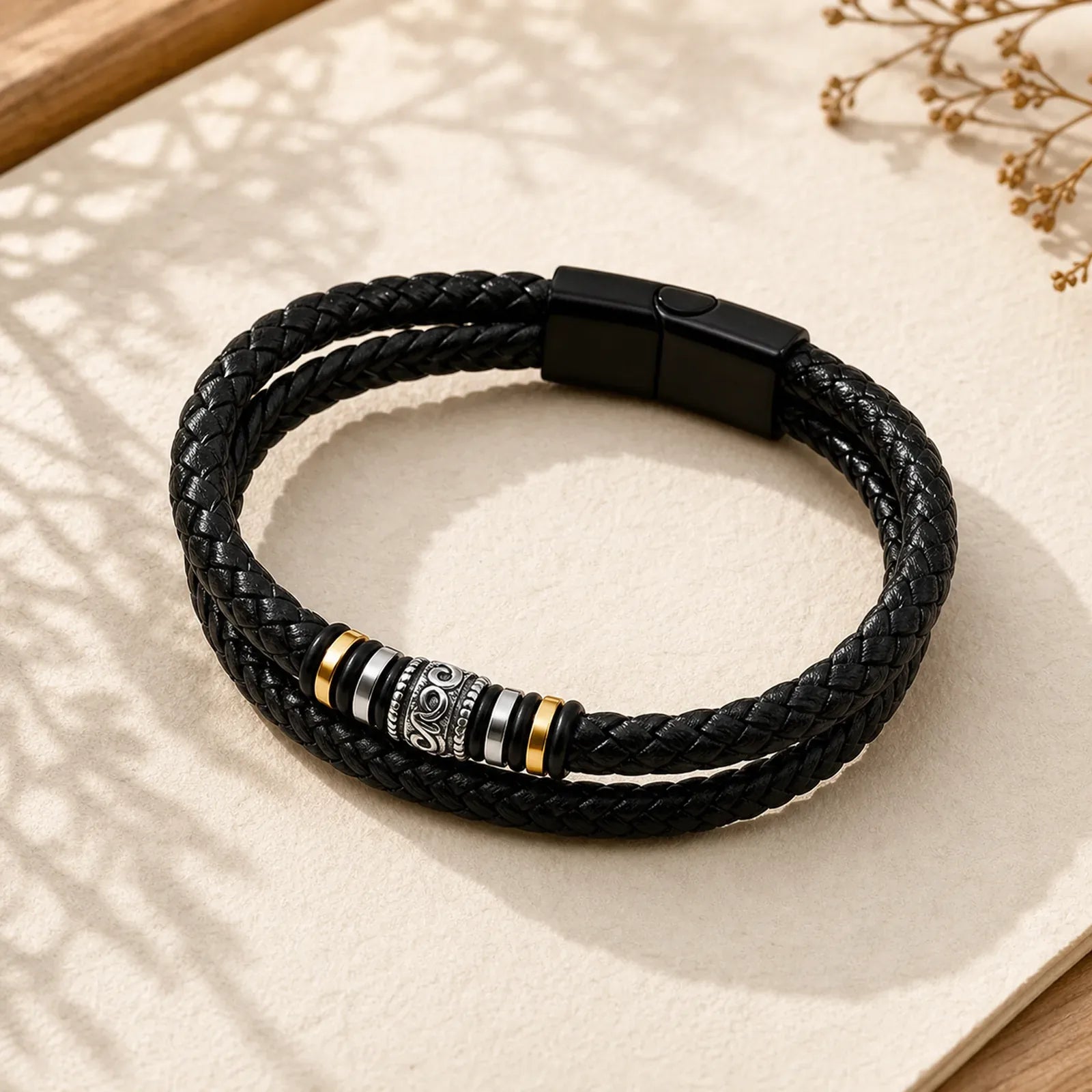 Leather Layered Titanium Steel Balance Braided Bracelet featuring Titanium Steel