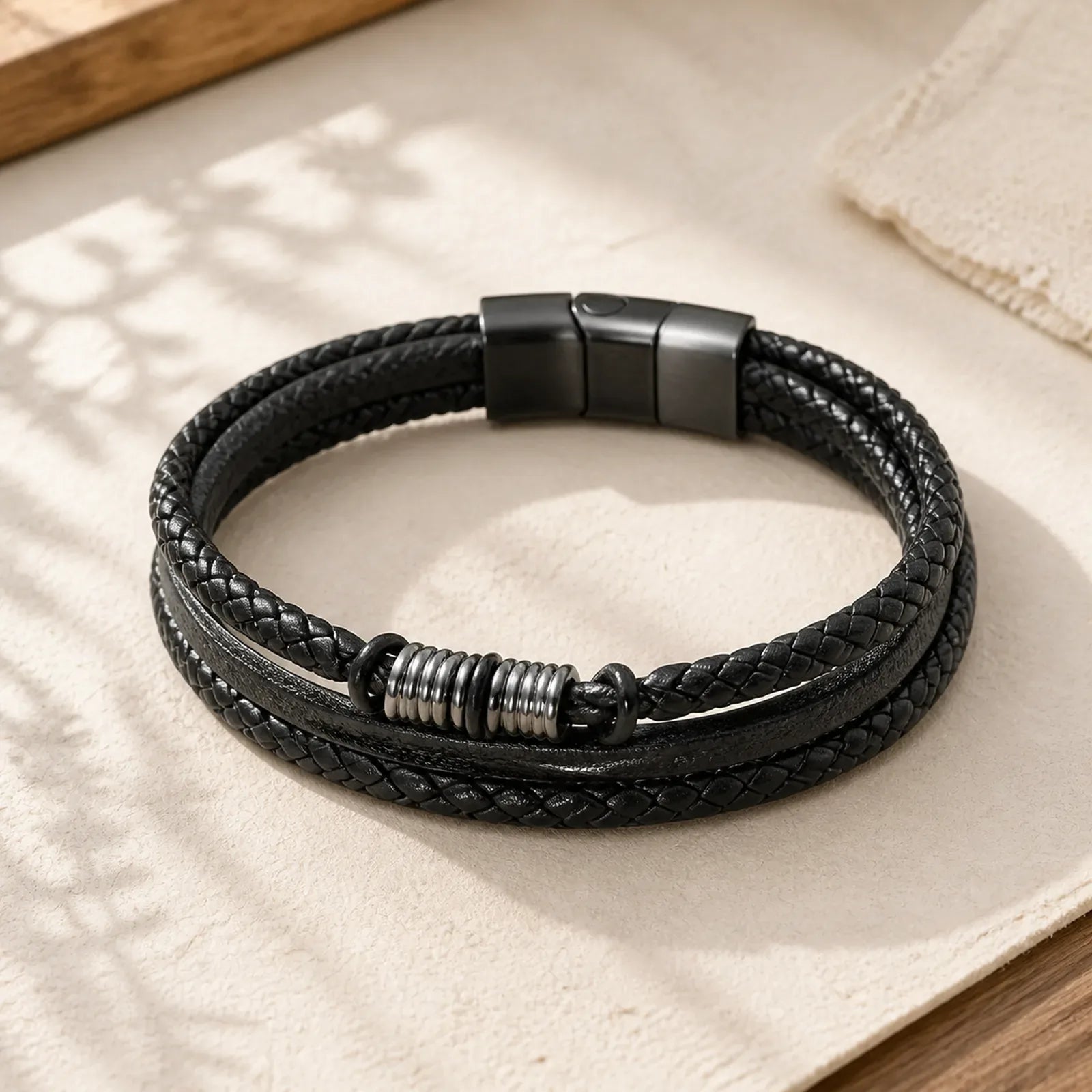 Leather Multi-Layer Titanium Steel Balance Braided Magnetic Buckle Bracelet featuring Titanium Steel