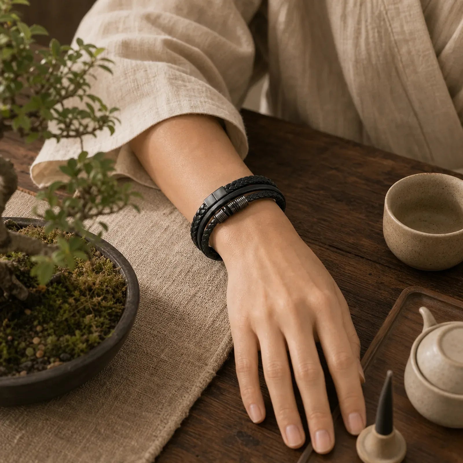 Leather Multi-Layer Titanium Steel Balance Braided Magnetic Buckle Bracelet featuring Titanium Steel