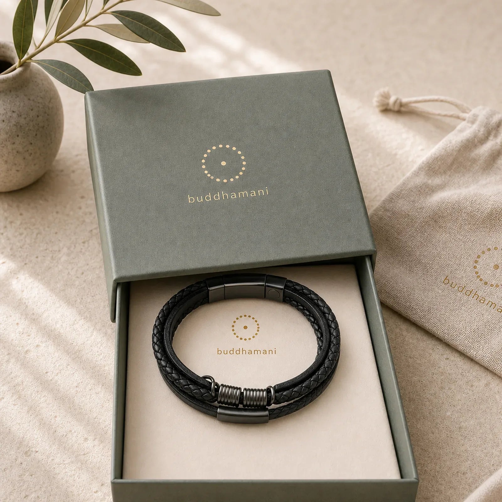 Leather Multi-Layer Titanium Steel Balance Braided Magnetic Buckle Bracelet featuring Titanium Steel