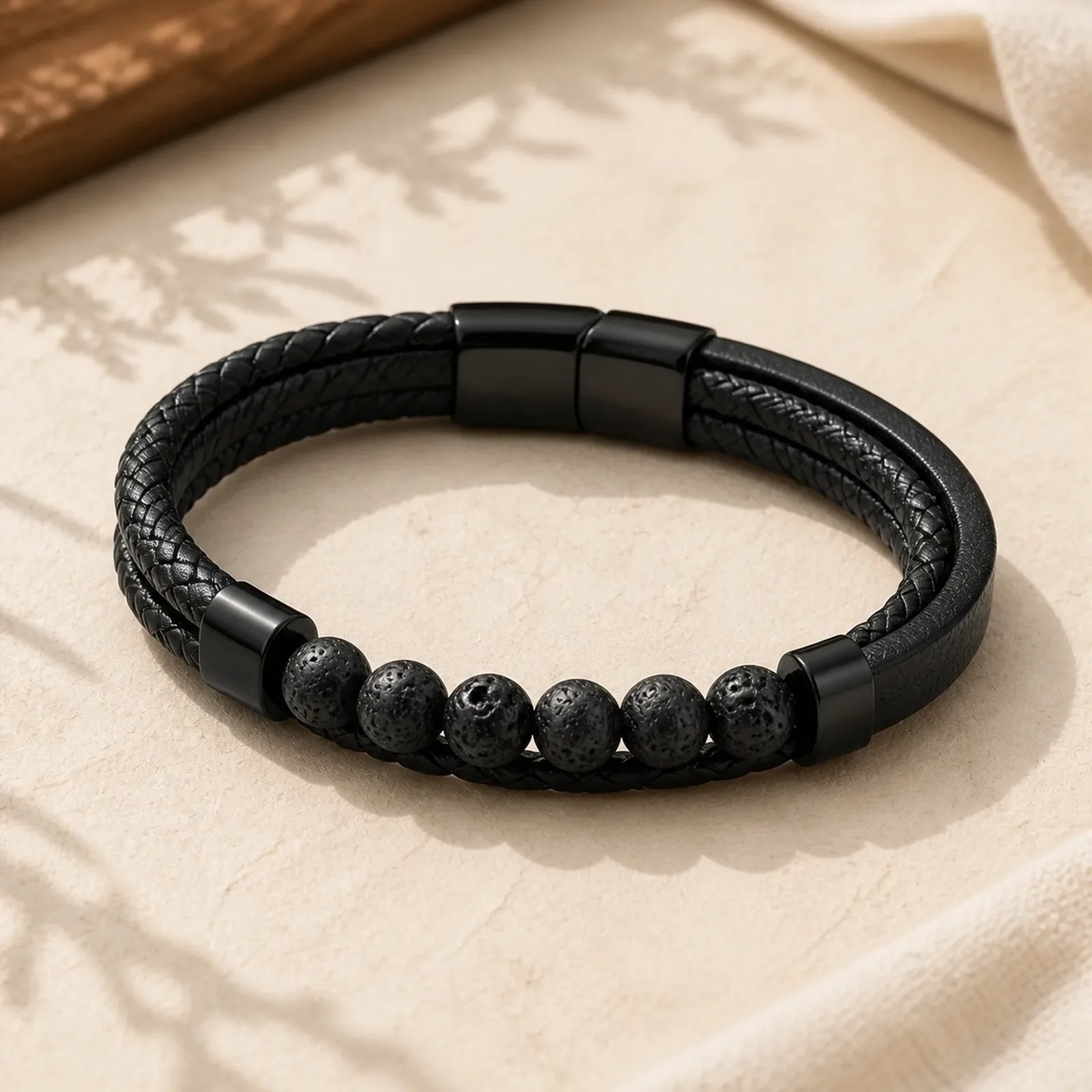 Leather Titanium Steel Lava Rock Strengthen Buckle Bracelet featuring Titanium Steel, Lava Rock