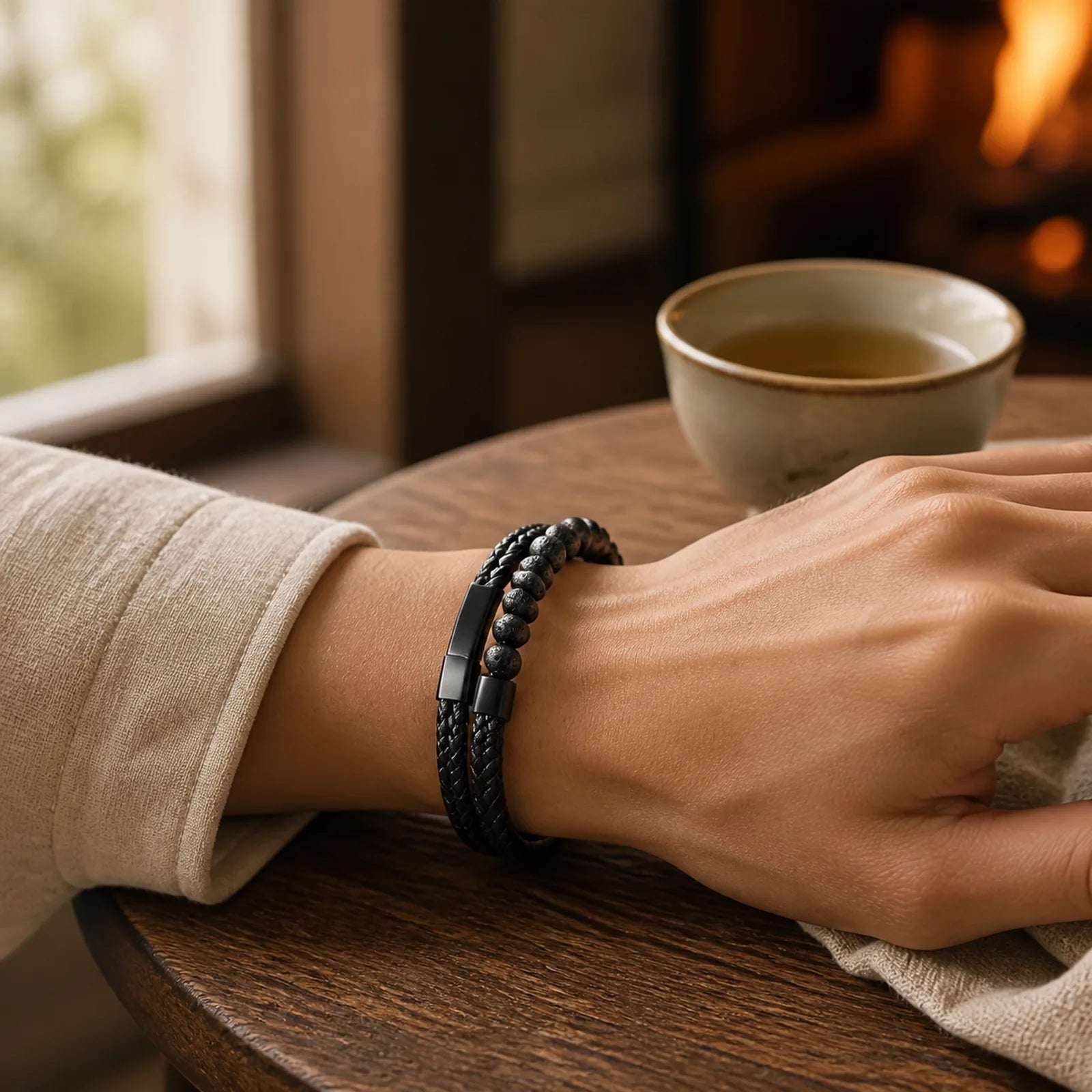 Leather Titanium Steel Lava Rock Strengthen Buckle Bracelet featuring Titanium Steel, Lava Rock