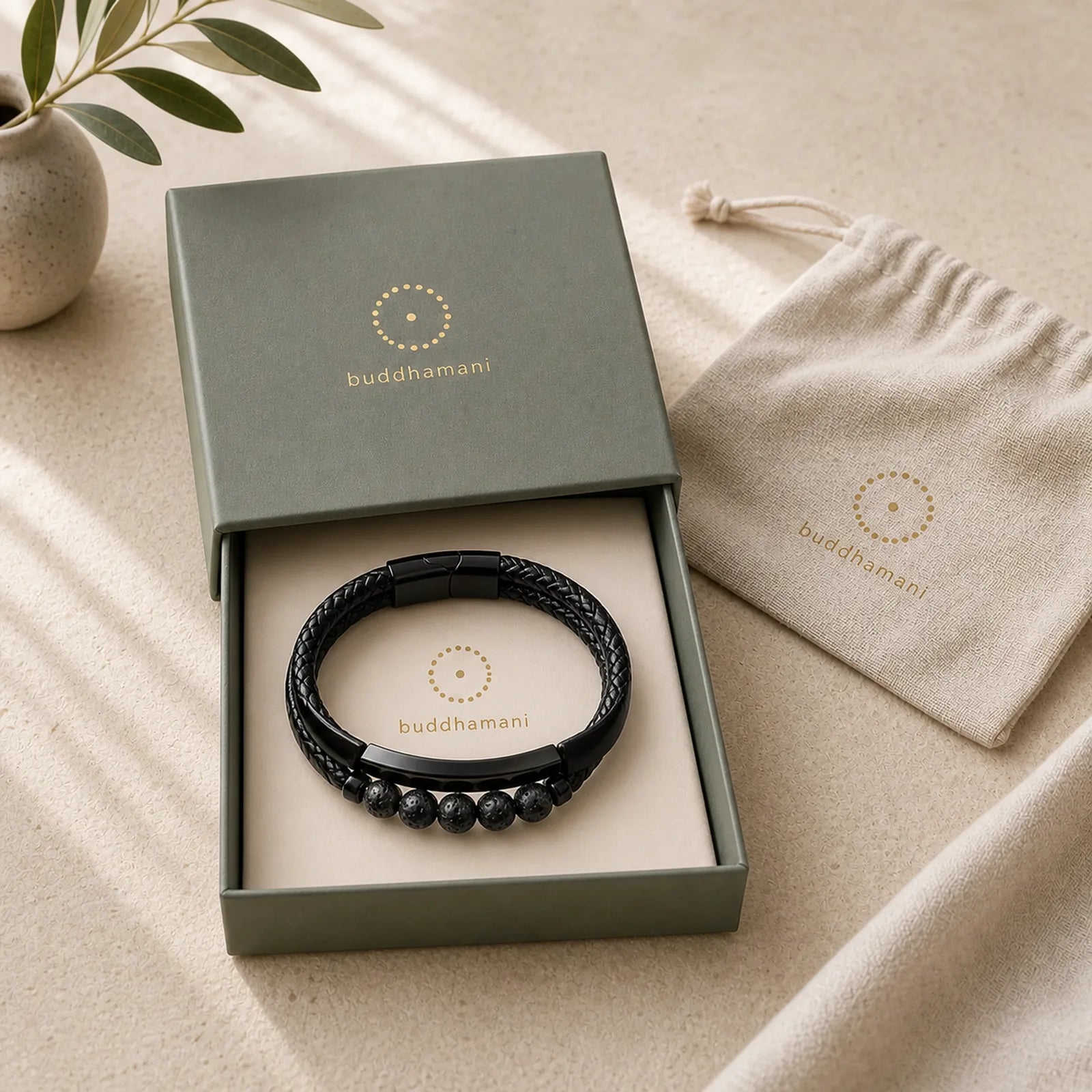 Leather Titanium Steel Lava Rock Strengthen Buckle Bracelet featuring Titanium Steel, Lava Rock