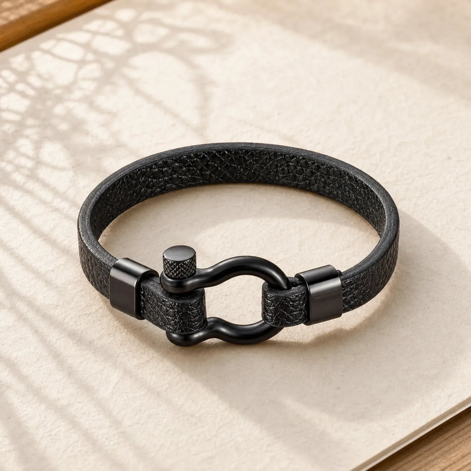 Leather Titanium Steel Shackle Strength Bracelet featuring Titanium Steel, Horse