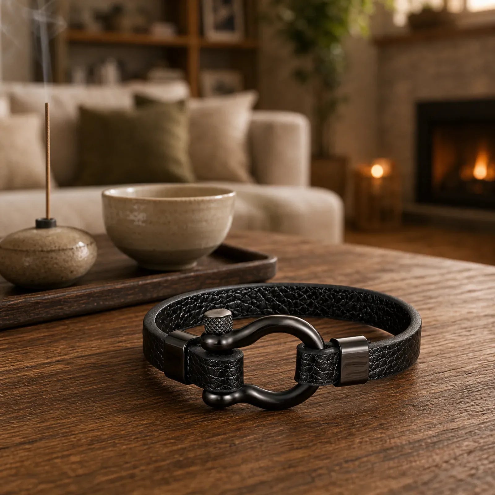 Leather Titanium Steel Shackle Strength Bracelet featuring Titanium Steel, Horse