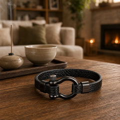 Leather Titanium Steel Shackle Strength Bracelet featuring Titanium Steel, Horse