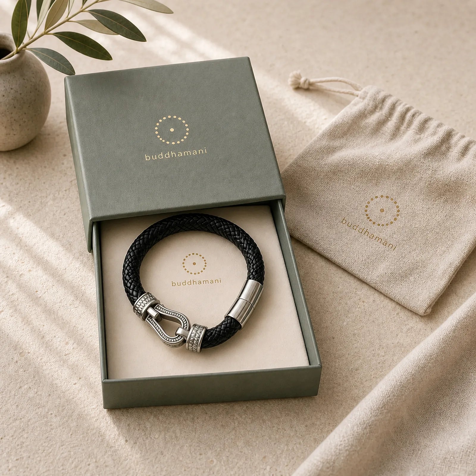 Leather horseshoe-Shaped Titanium Steel Balance Braided Magnetic Buckle Bracelet featuring Titanium Steel