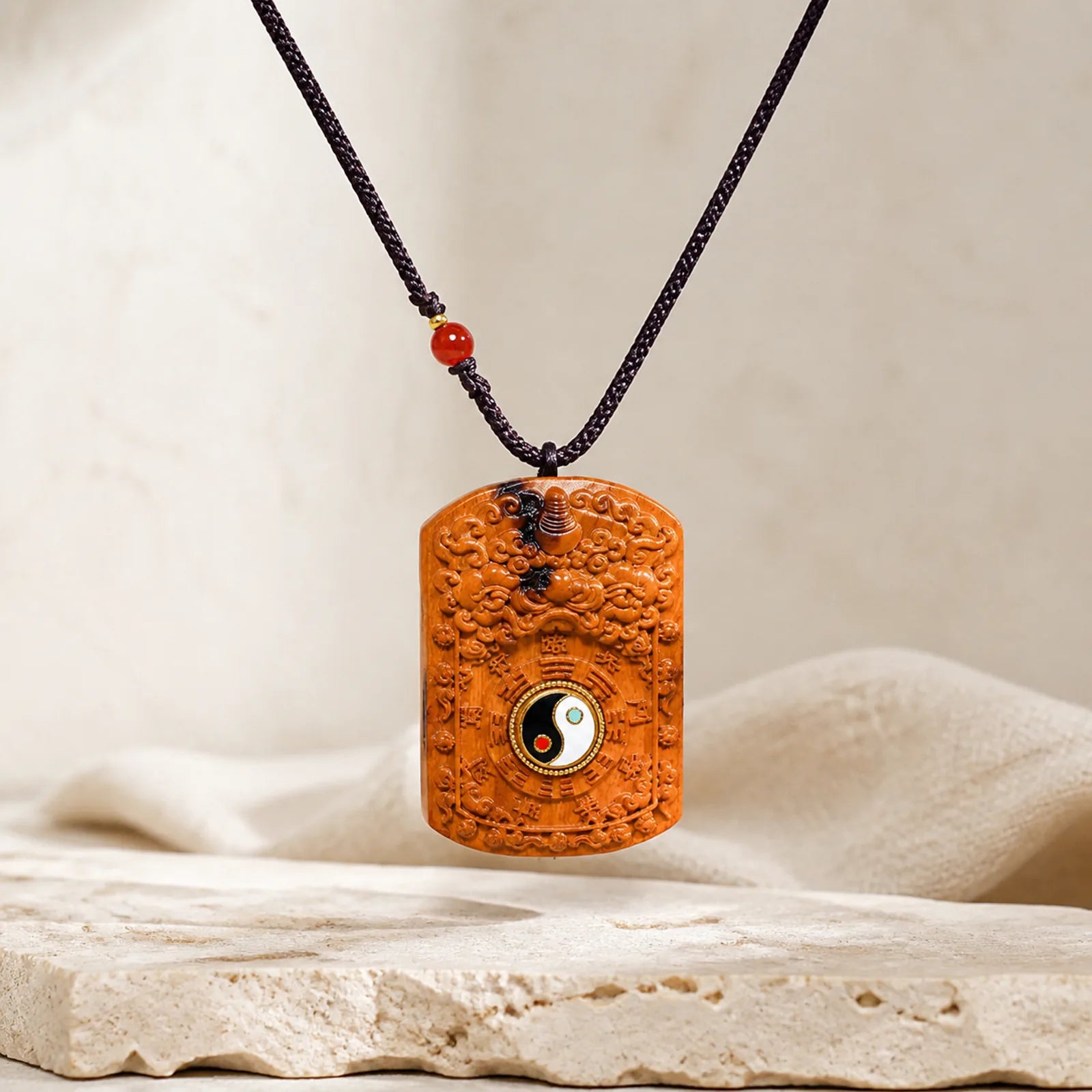 Lightning Struck Jujube Wood Dragon Yin Yang Bagua Protection Necklace Pendant featuring Lightning Struck Jujube Wood, Jujube Wood, Dragon