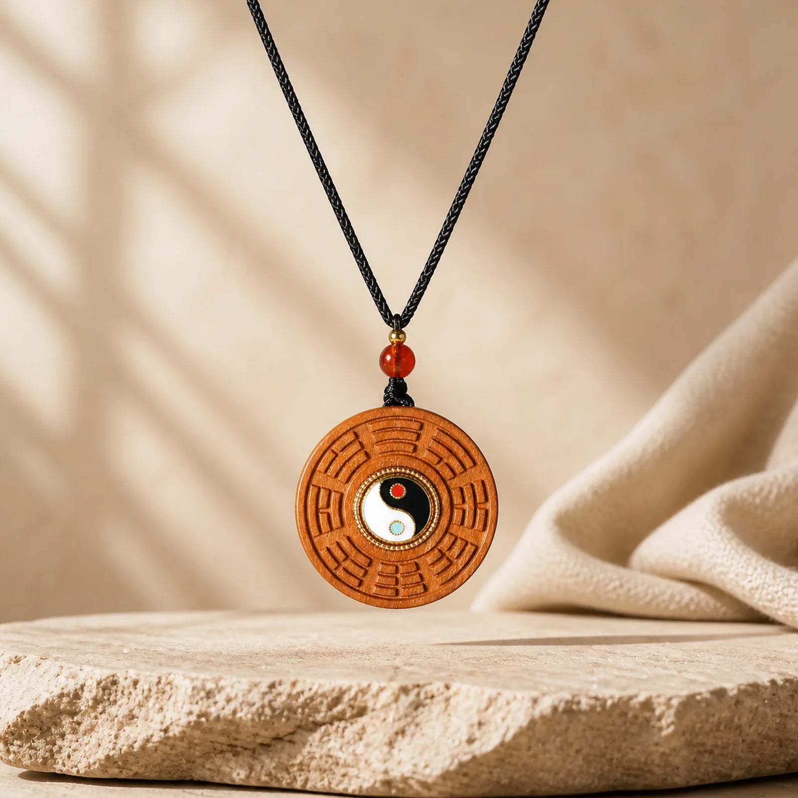 Lightning Struck Jujube Wood Yin Yang Bagua Luck Necklace Pendant featuring Lightning Struck Jujube Wood, Jujube Wood, Bagua