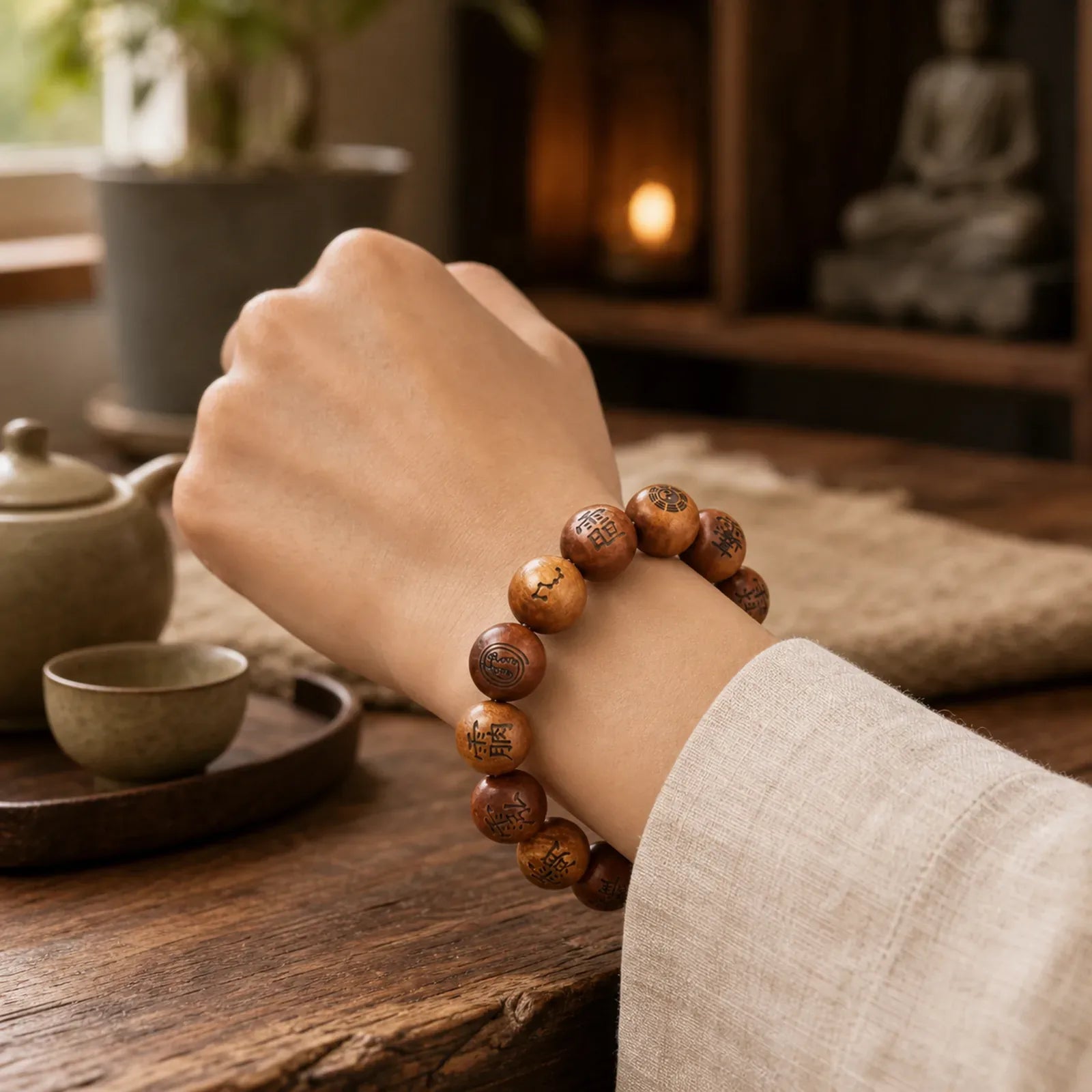 Lightning Struck Jujube Wood Yin Yang Bagua Taoist Taboo Characters Engraved Protection Bracelet featuring Lightning Struck Jujube Wood, Jujube Wood, Bagua