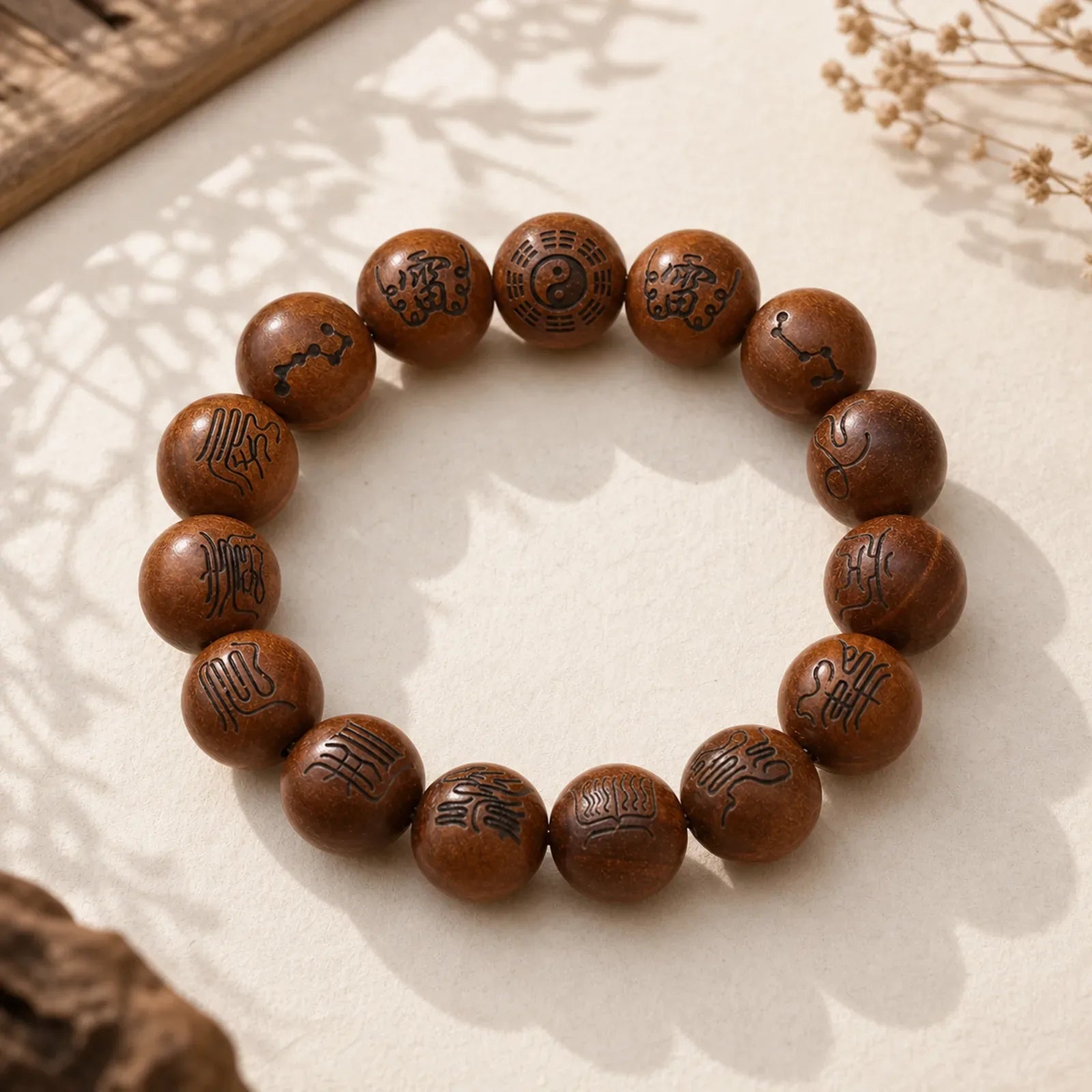 Lightning Struck Jujube Wood Yin Yang Bagua Taoist Taboo Scripture Symbol Engraved Luck Bracelet featuring Lightning Struck Jujube Wood, Jujube Wood, Bagua