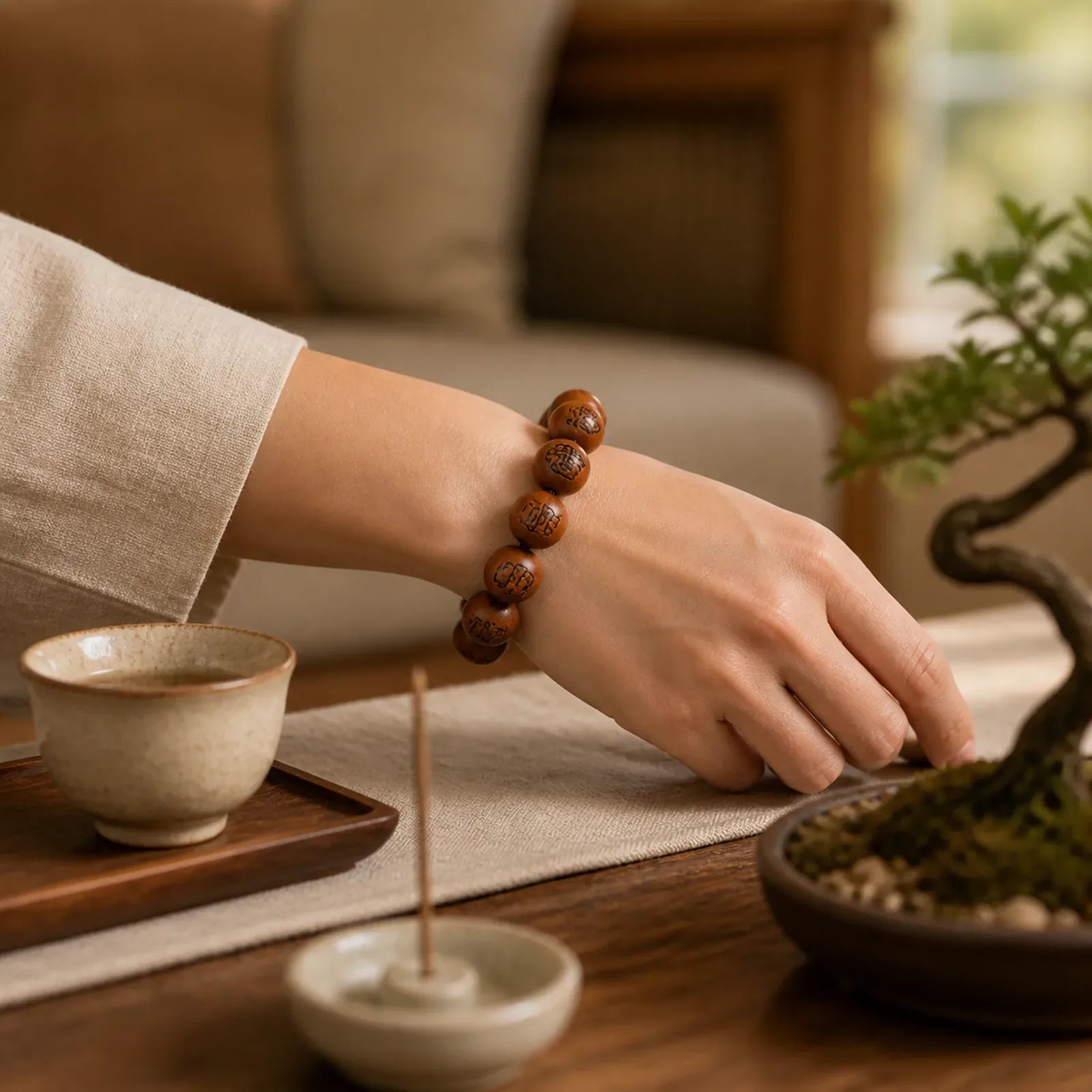 Lightning Struck Jujube Wood Yin Yang Bagua Taoist Taboo Scripture Symbol Engraved Luck Bracelet featuring Lightning Struck Jujube Wood, Jujube Wood, Bagua