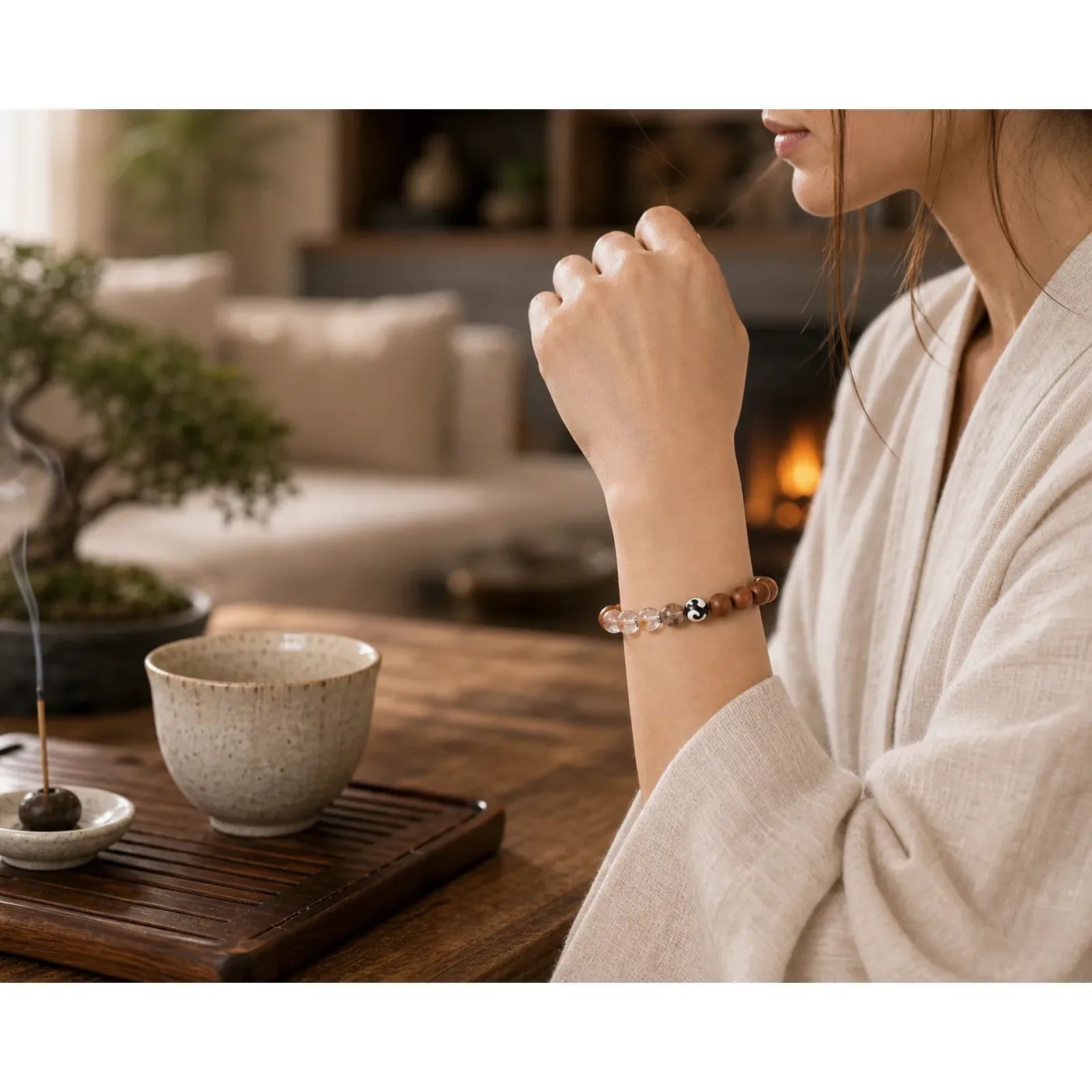 Lightning Struck Wood Red Phantom Yin Yang Protection Bracelet featuring Red Phantom, Lightning Struck Jujube Wood, Jujube Wood