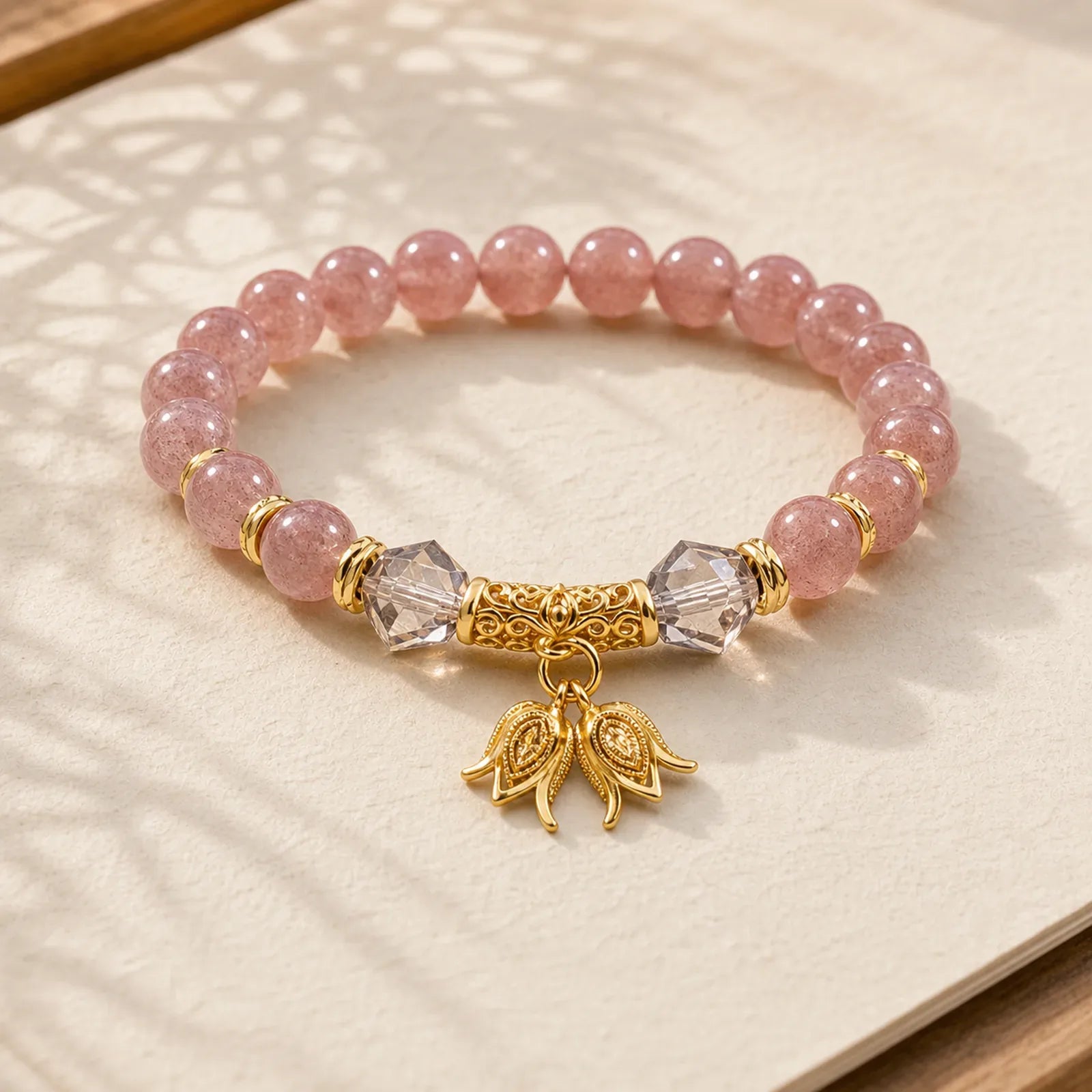 Lily of the Valley Natural Strawberry Quartz Positive Beaded Bracelet featuring Strawberry Quartz, Smoky Quartz
